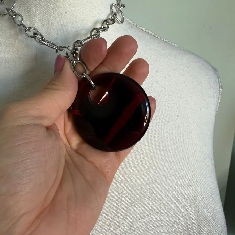 Vintage Silver and Amber Colored Glass Pedant Chic Timeless Necklace